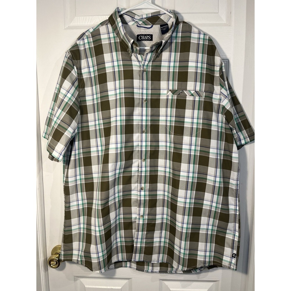 Chaps Performance Plaid Button Down Shirt Men's XXL‎ Green Short Sleeve Pocket